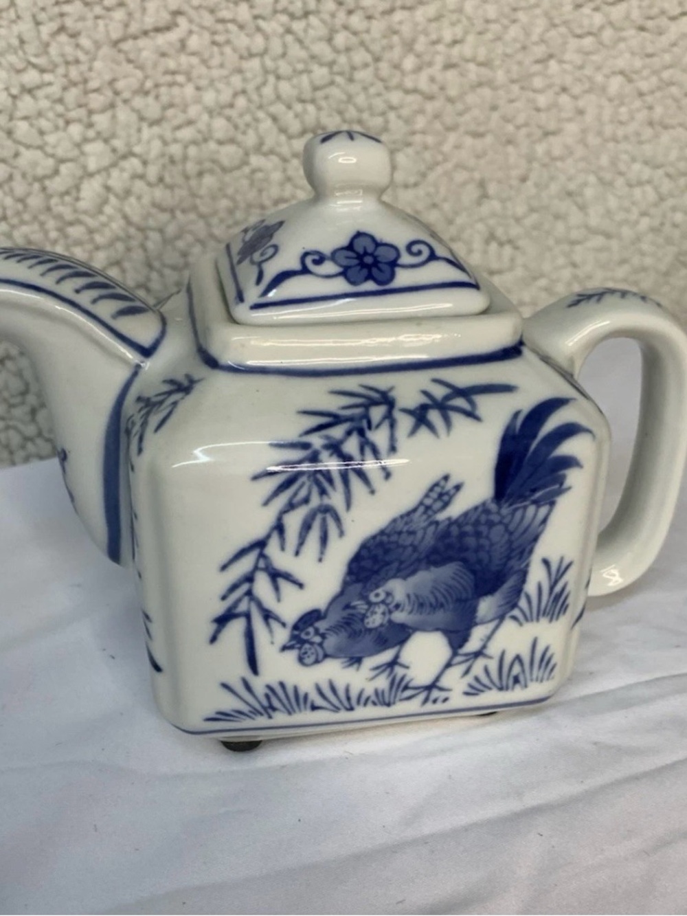 Vintage Dechang Blue and White Porcelain Rooster Teapot Chinoiserie Bamboo Motif
